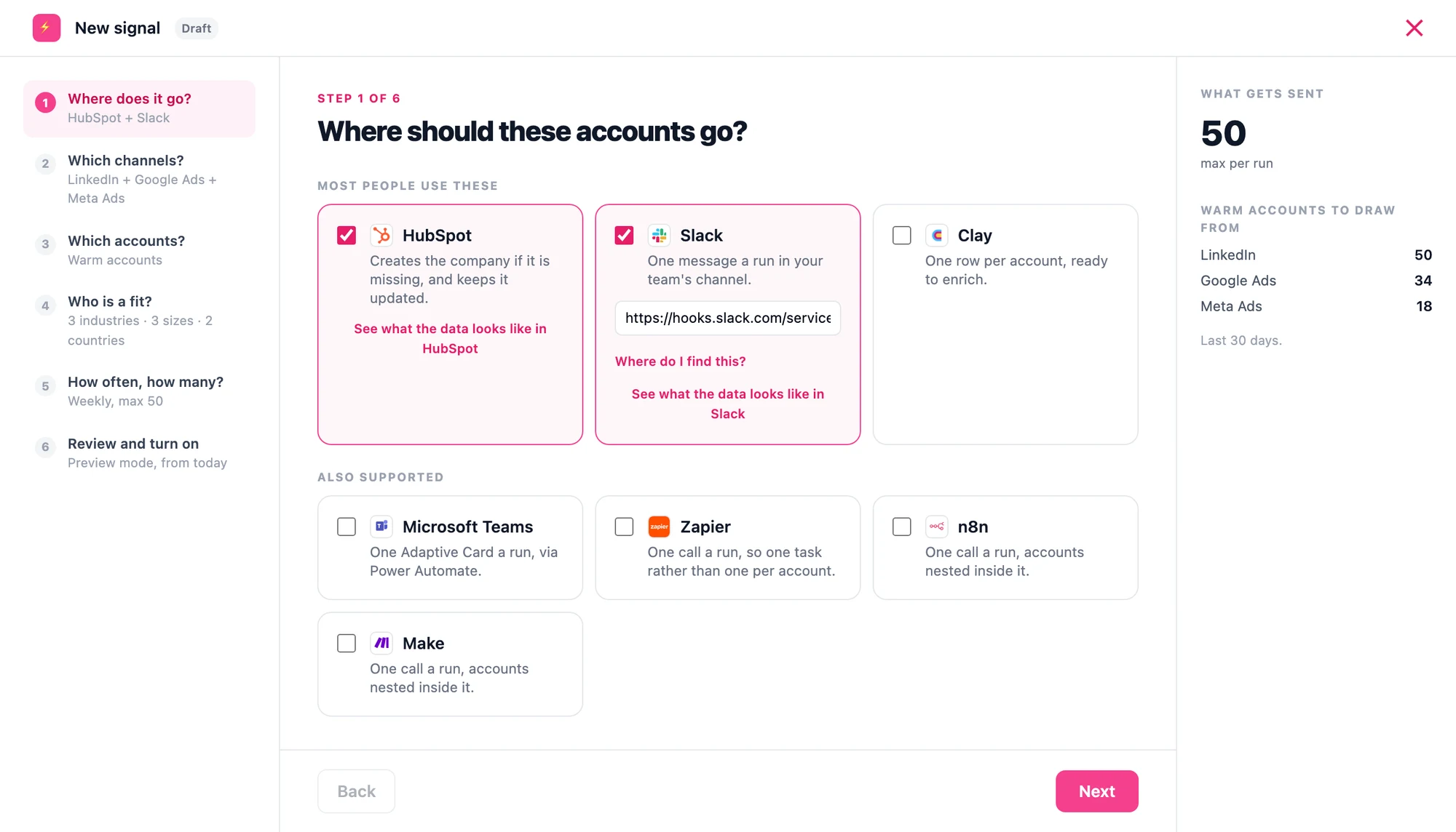 Step 1 of the Fibbler signal wizard, choosing between HubSpot, Slack, Clay, Microsoft Teams, Zapier, n8n and Make as destinations