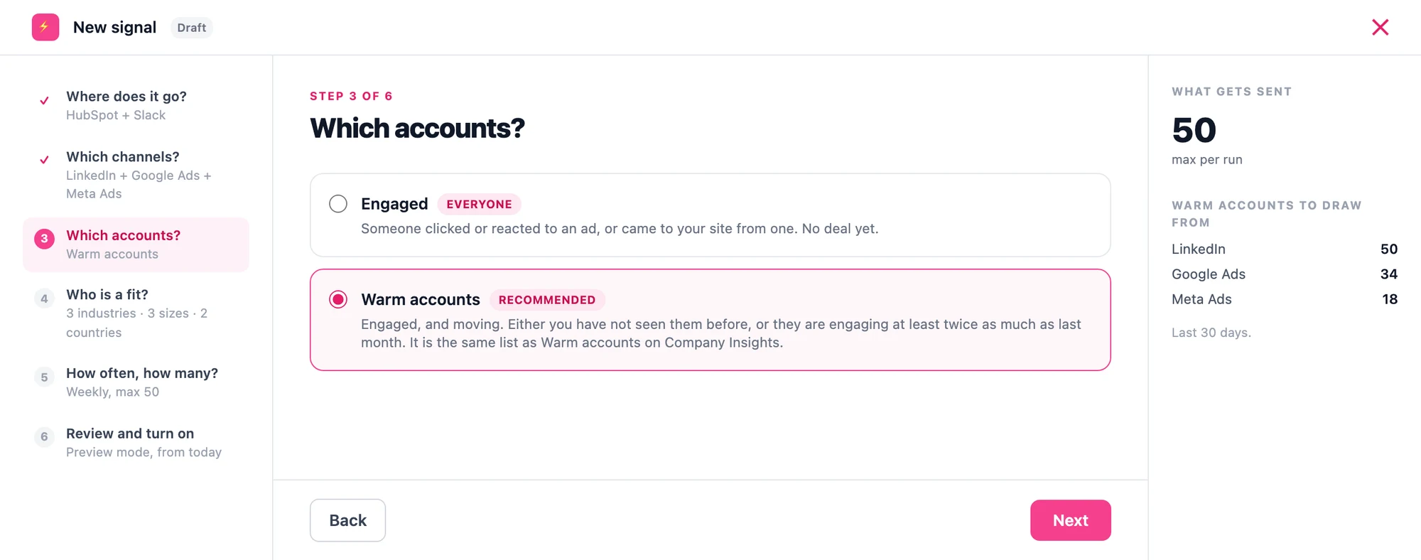 Step 3 of the Fibbler signal wizard, choosing between the Engaged pool and the recommended Warm accounts pool