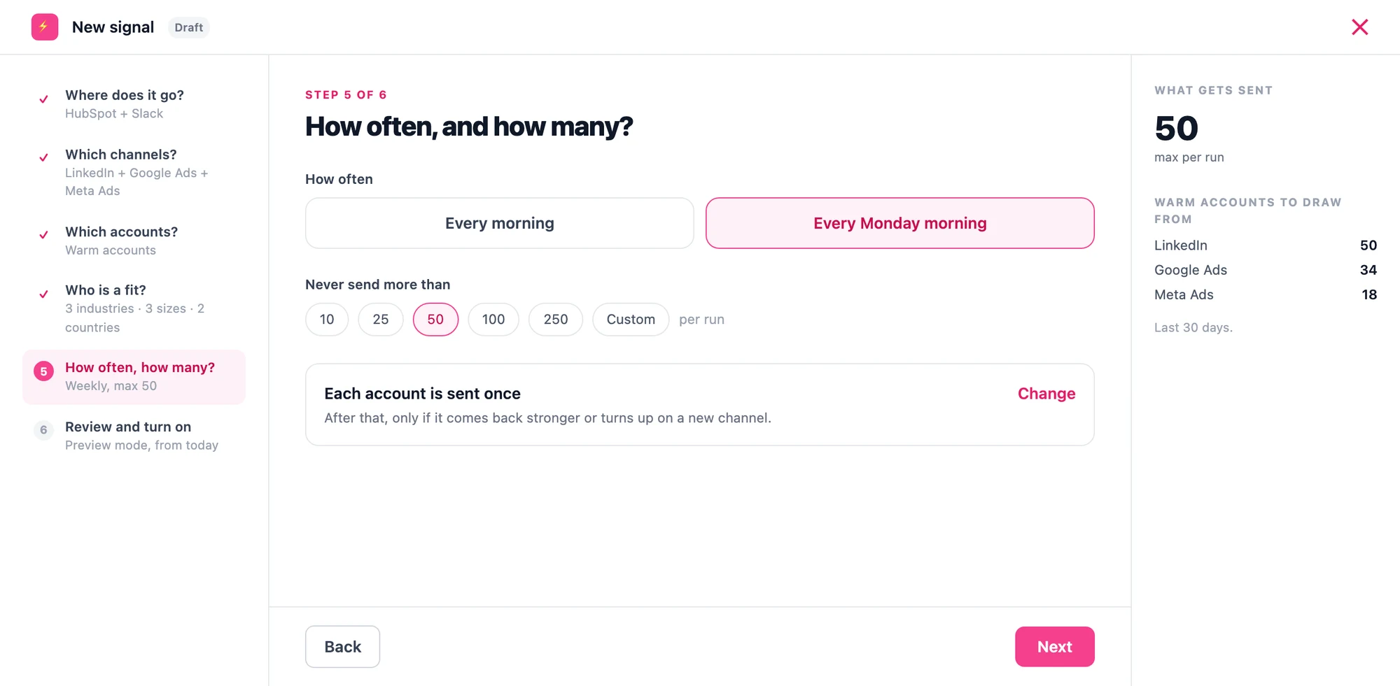 Step 5 of the Fibbler signal wizard, choosing a weekly schedule and a cap of 50 accounts per run