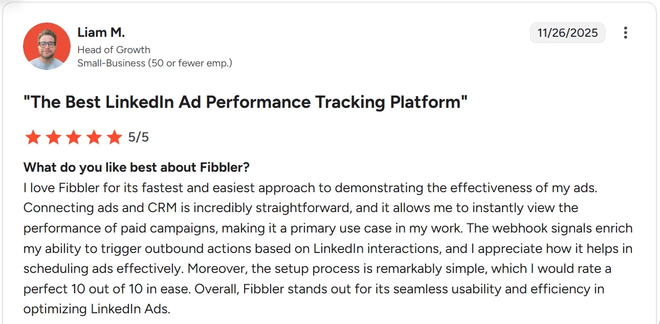 Verified G2 review praising Fibbler as the best LinkedIn ad performance tracking platform