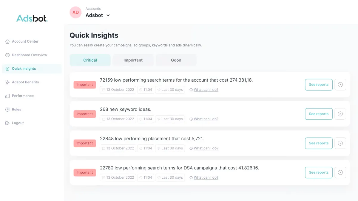 Adsbot quick insights dashboard