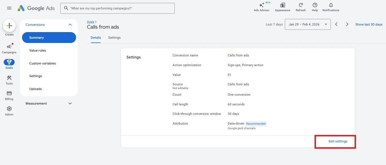 Google Ads edit conversion settings