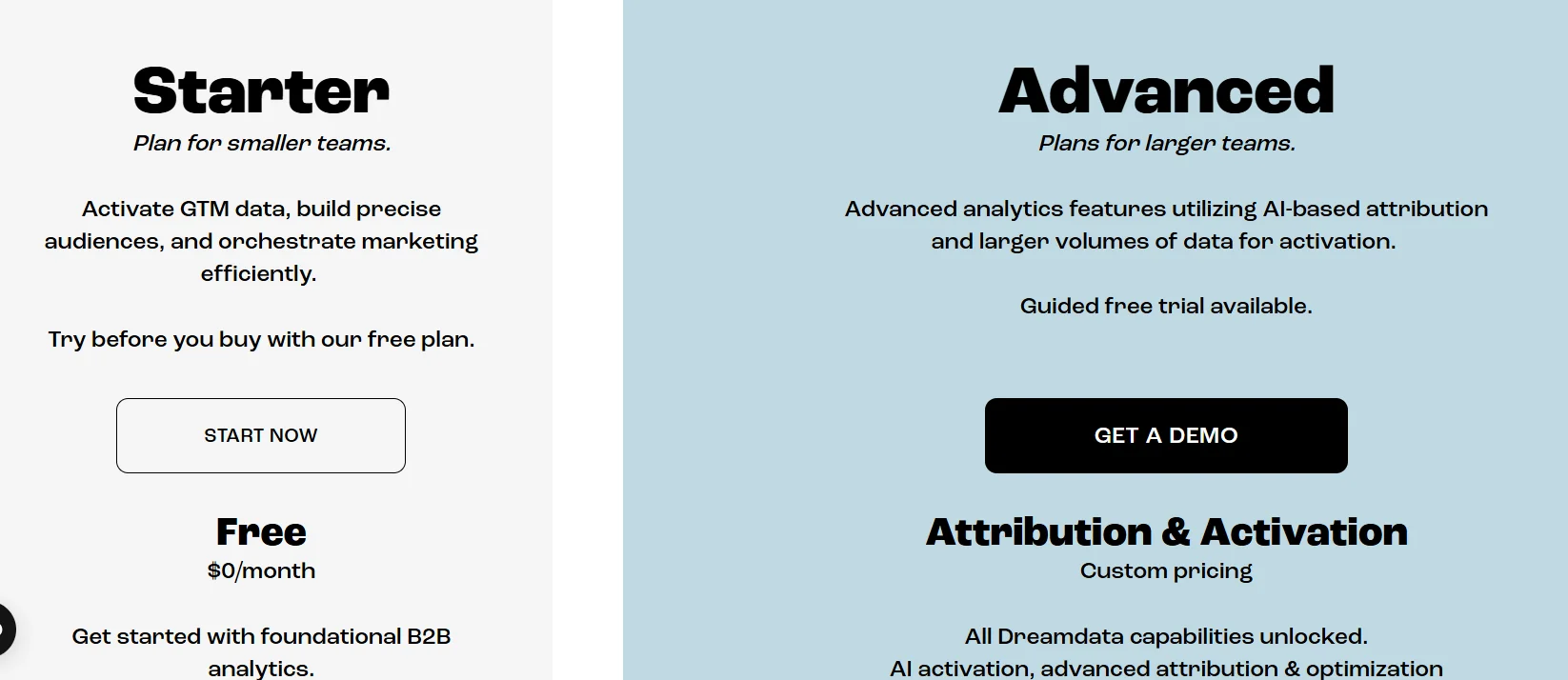 Dreamdata pricing page showing a free Starter plan for smaller teams and a custom-priced Advanced plan for larger teams