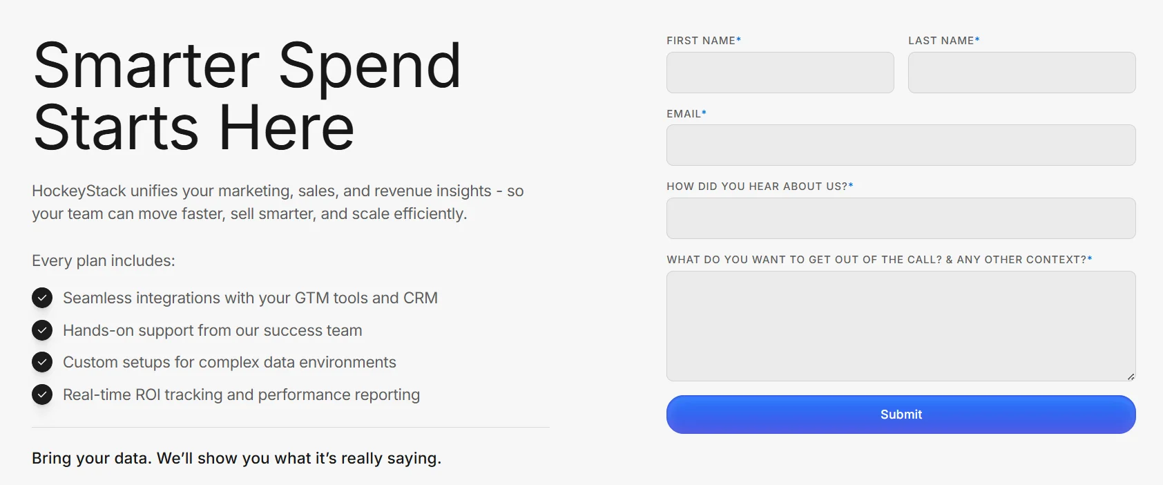 HockeyStack pricing page with a demo request form instead of published prices, listing what every plan includes