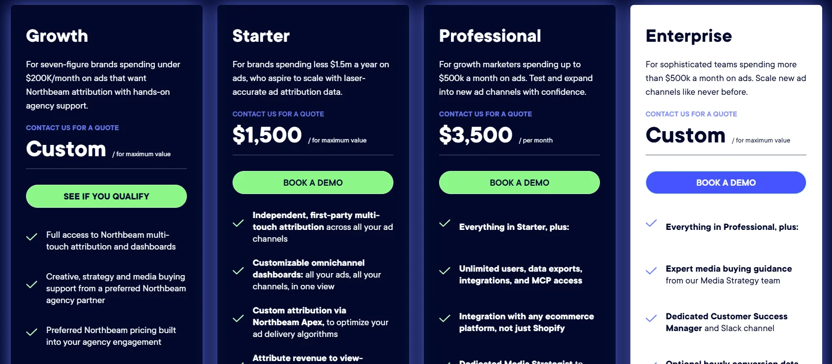 Northbeam pricing page showing Growth, Starter at $1,500, Professional at $3,500 per month, and custom Enterprise plans