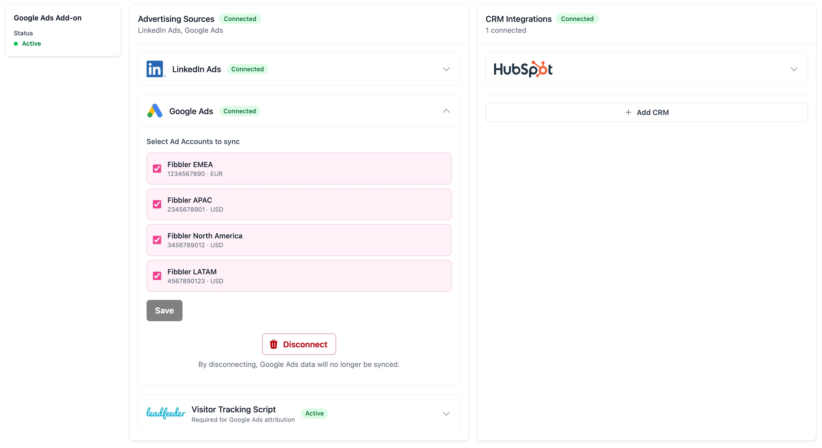 Fibbler Sources page showing Google Ads connection
